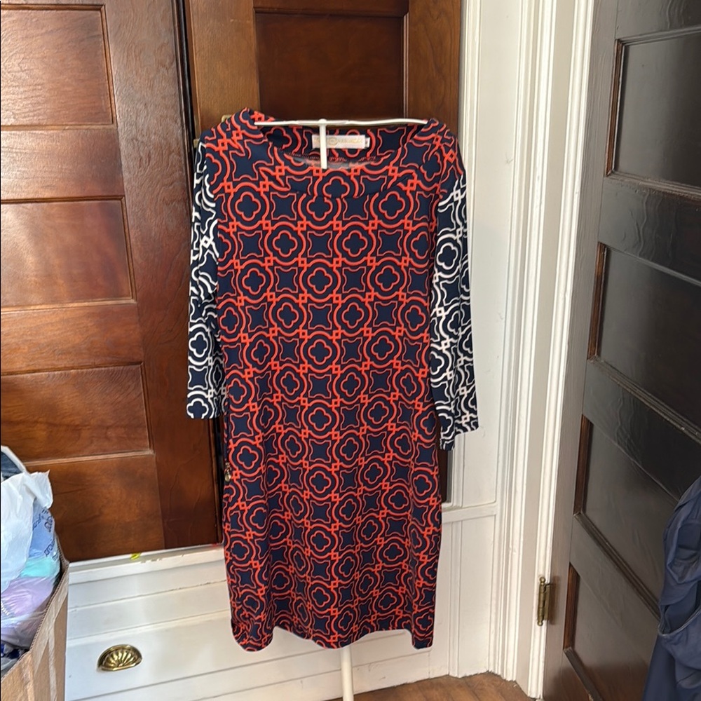 Tracy Negoshian Red and Blue Sheath Dress with Crew Neck